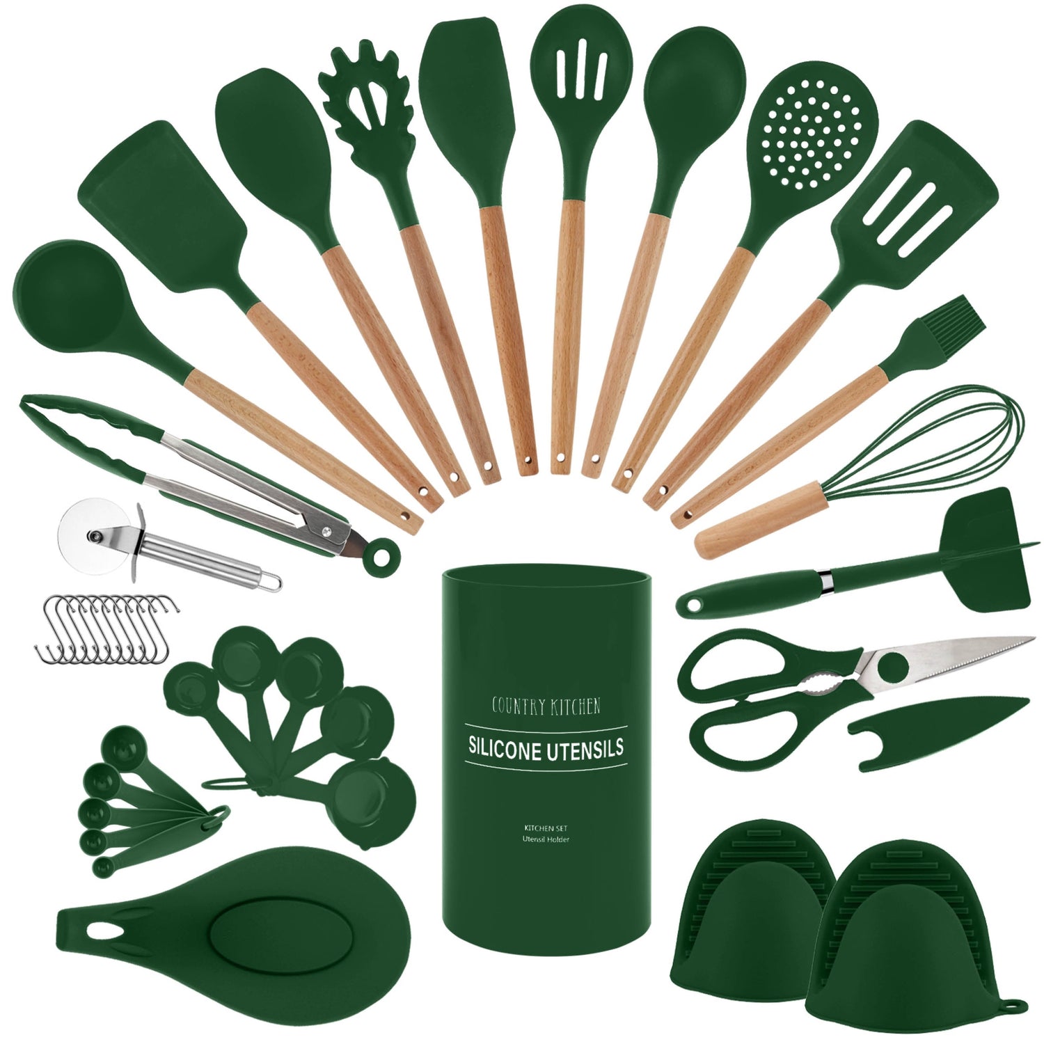 Non Stick Silicone Utensil Set with Rounded Wood Handles for Cooking and Baking, 38 Piece Set