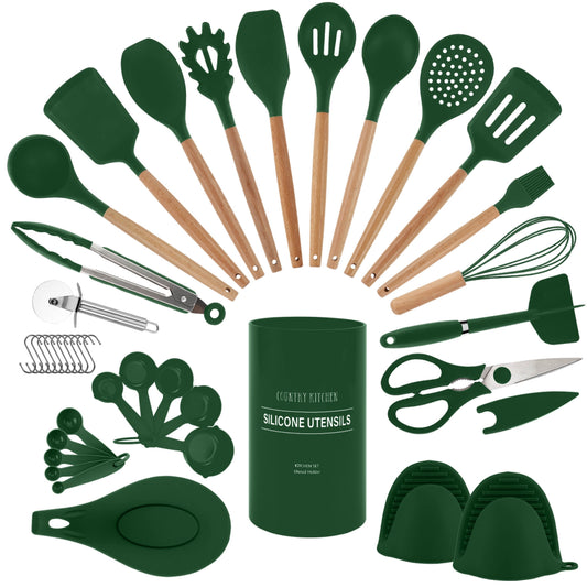 Non Stick Silicone Utensil Set with Rounded Wood Handles for Cooking and Baking, 38 Piece Set